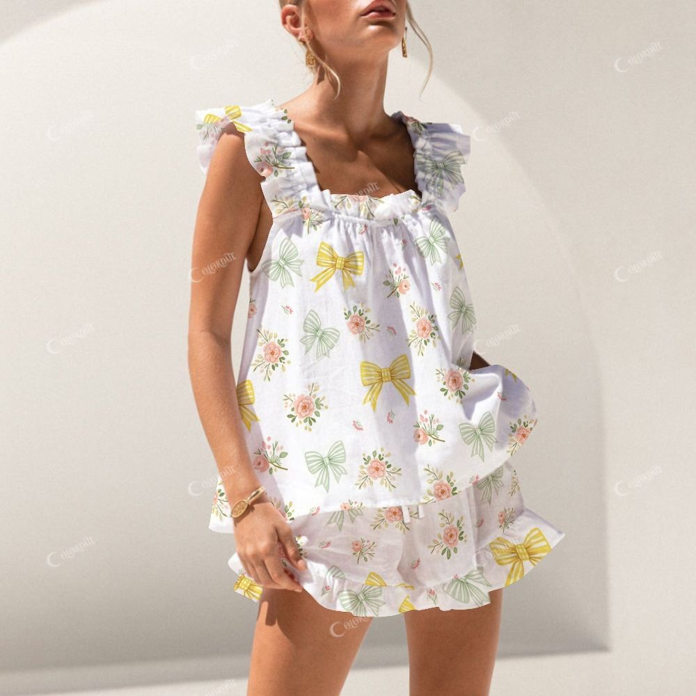 Colordate Bows And Floral Prints Short Tank Top Shorts Pajama Set