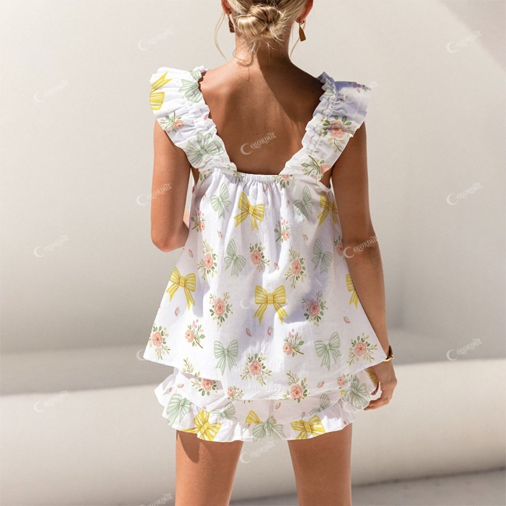 Colordate Bows And Floral Prints Short Tank Top Shorts Pajama Set