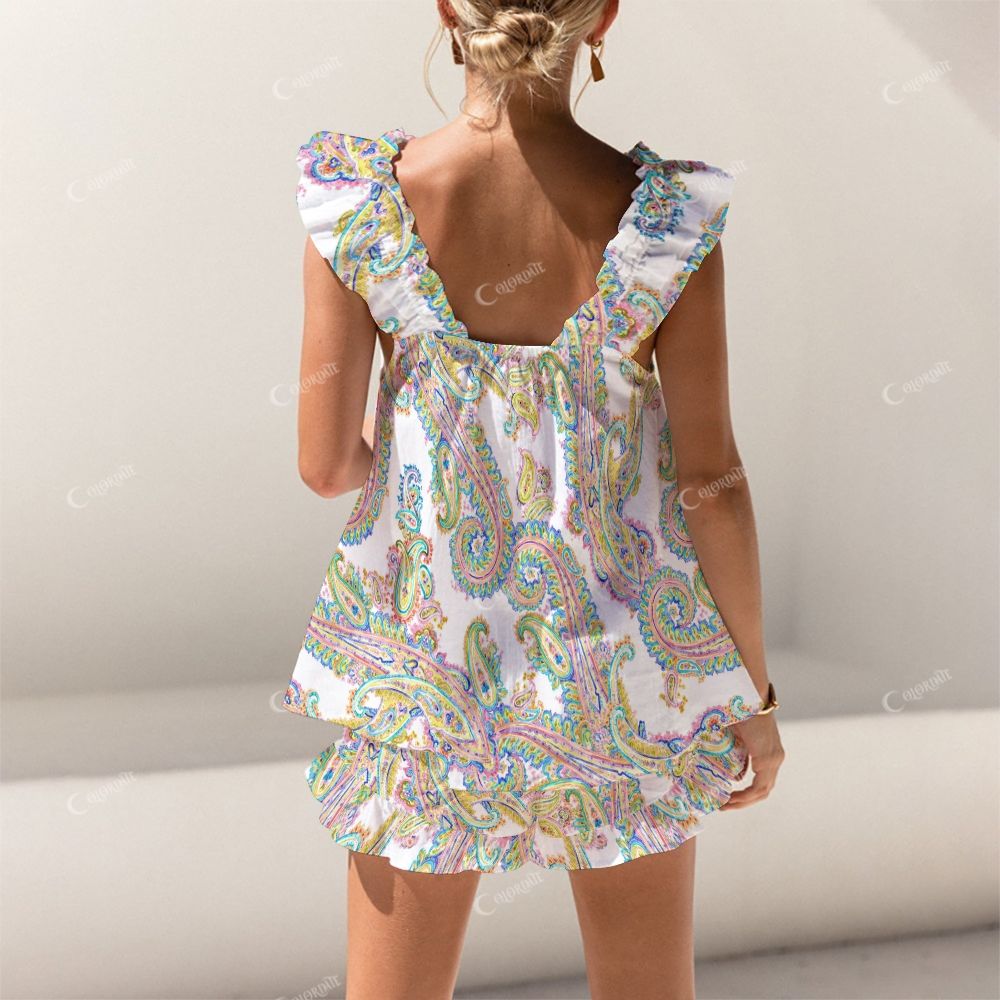 Colordate Colorful Paisley Pattern Print Short Tank Top Shorts Pajama Set