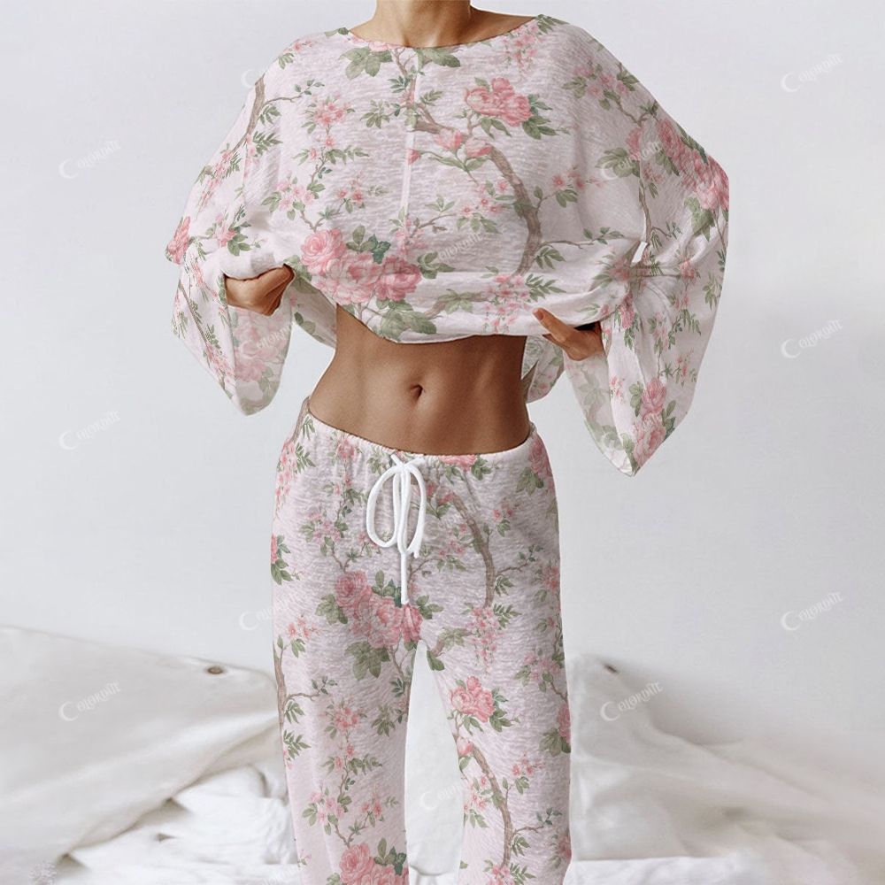 Colordate Women's Pink Flower Print Long Sleeve Cotton Homewear Set