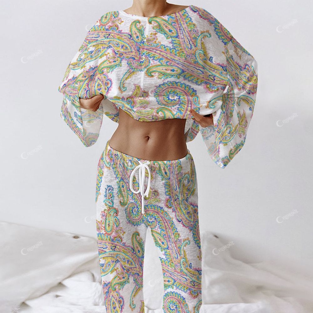Colordate Women's Colorful Paisley Pattern Print Long Sleeve Cotton Homewear Set