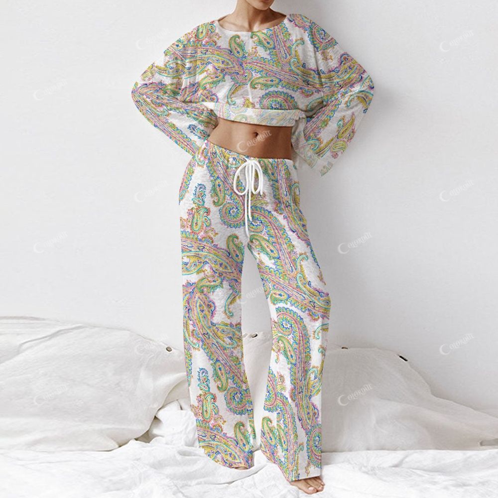 Colordate Women's Colorful Paisley Pattern Print Long Sleeve Cotton Homewear Set