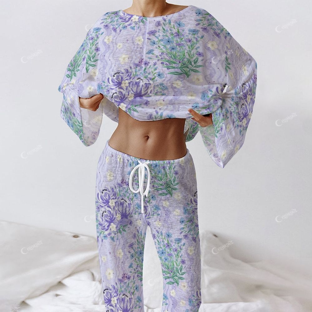 Colordate Women's Purple Floral Print Long Sleeve Cotton Homewear Set