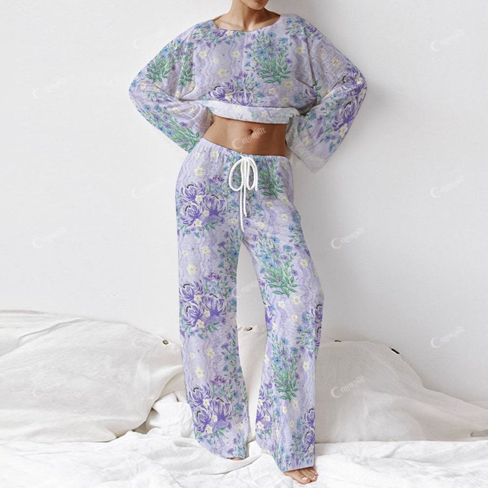 Colordate Women's Purple Floral Print Long Sleeve Cotton Homewear Set