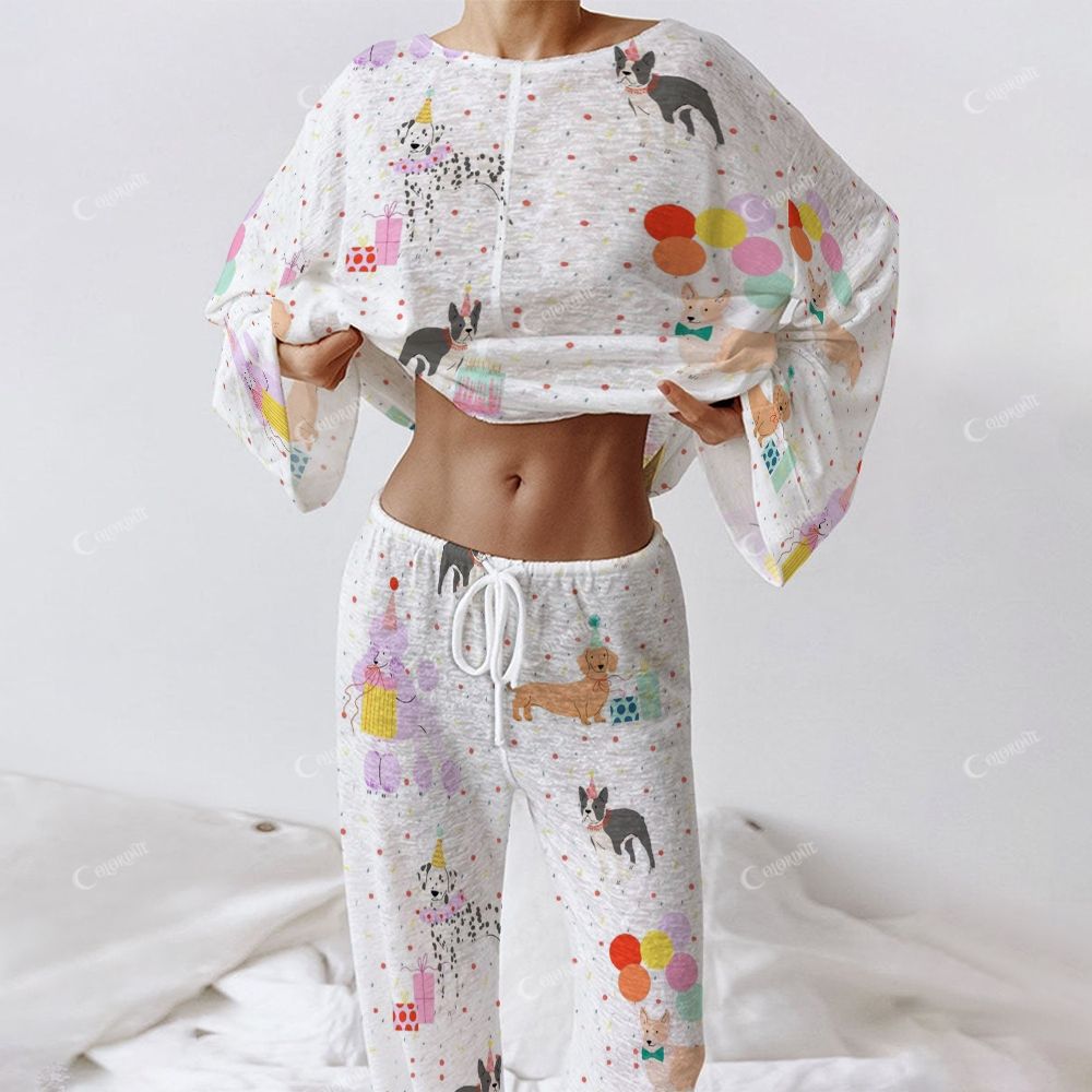 Colordate Women's Dog Print Long Sleeve Cotton Homewear Set