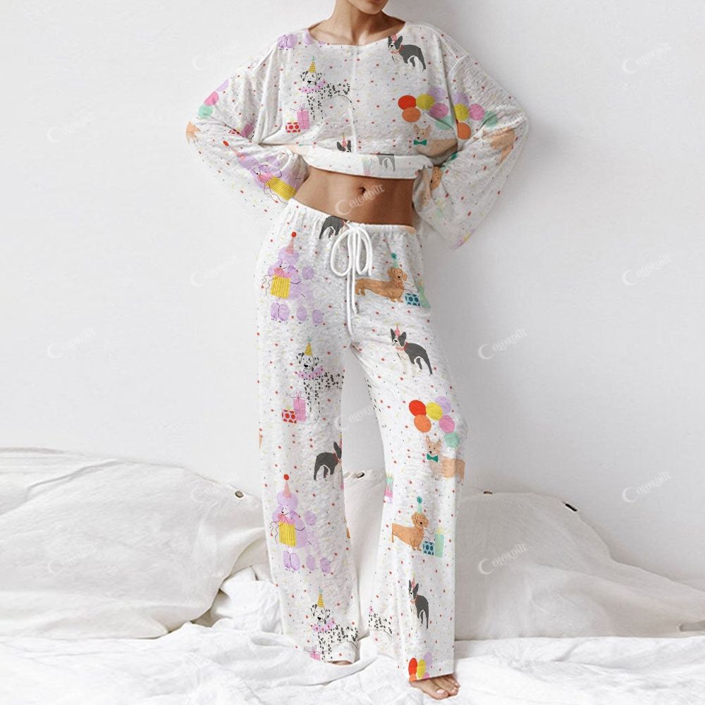 Colordate Women's Dog Print Long Sleeve Cotton Homewear Set
