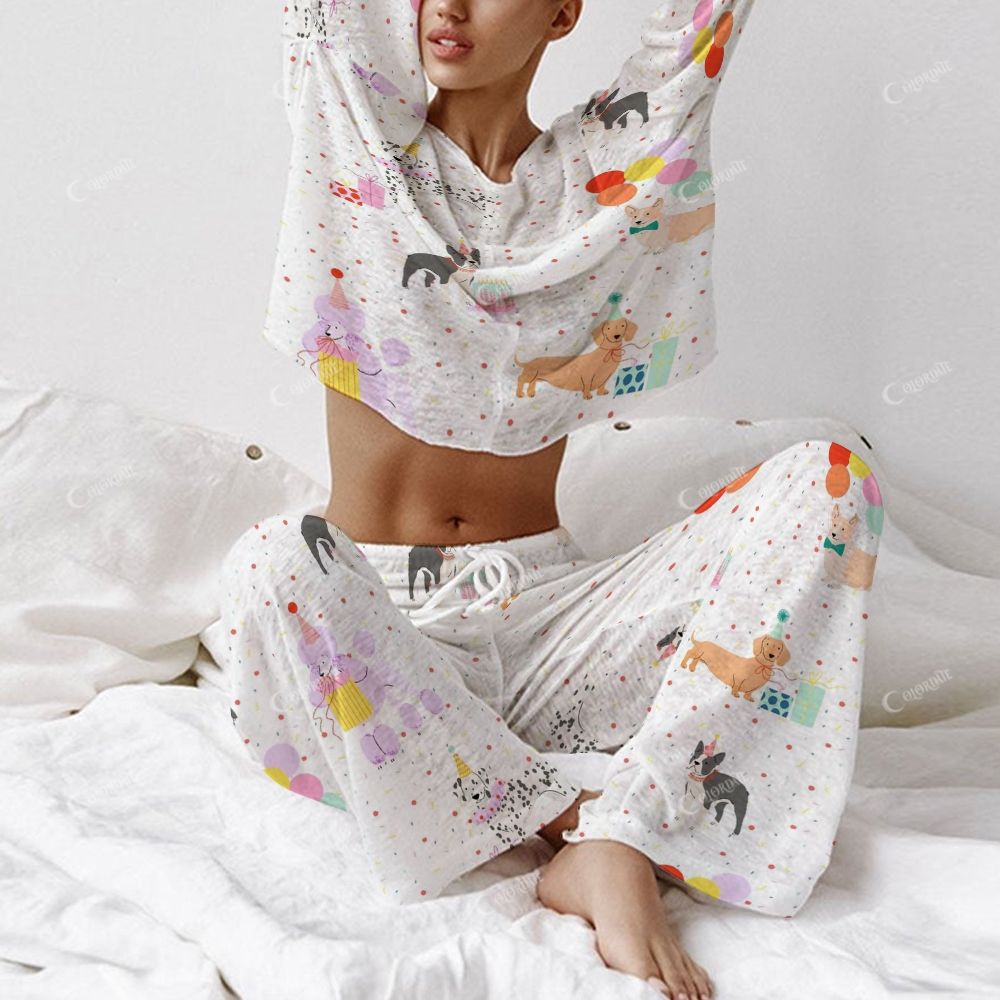Colordate Women's Dog Print Long Sleeve Cotton Homewear Set