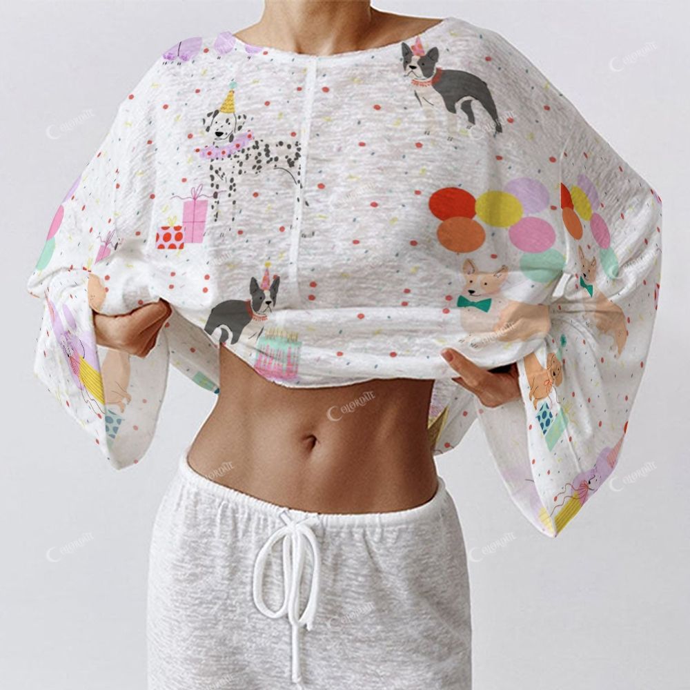 Colordate Women's Dog Print Long Sleeve Cotton Homewear Set