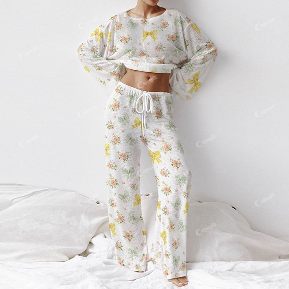 Colordate Women's Bow And Flower Print Long Sleeve Cotton Homewear Set