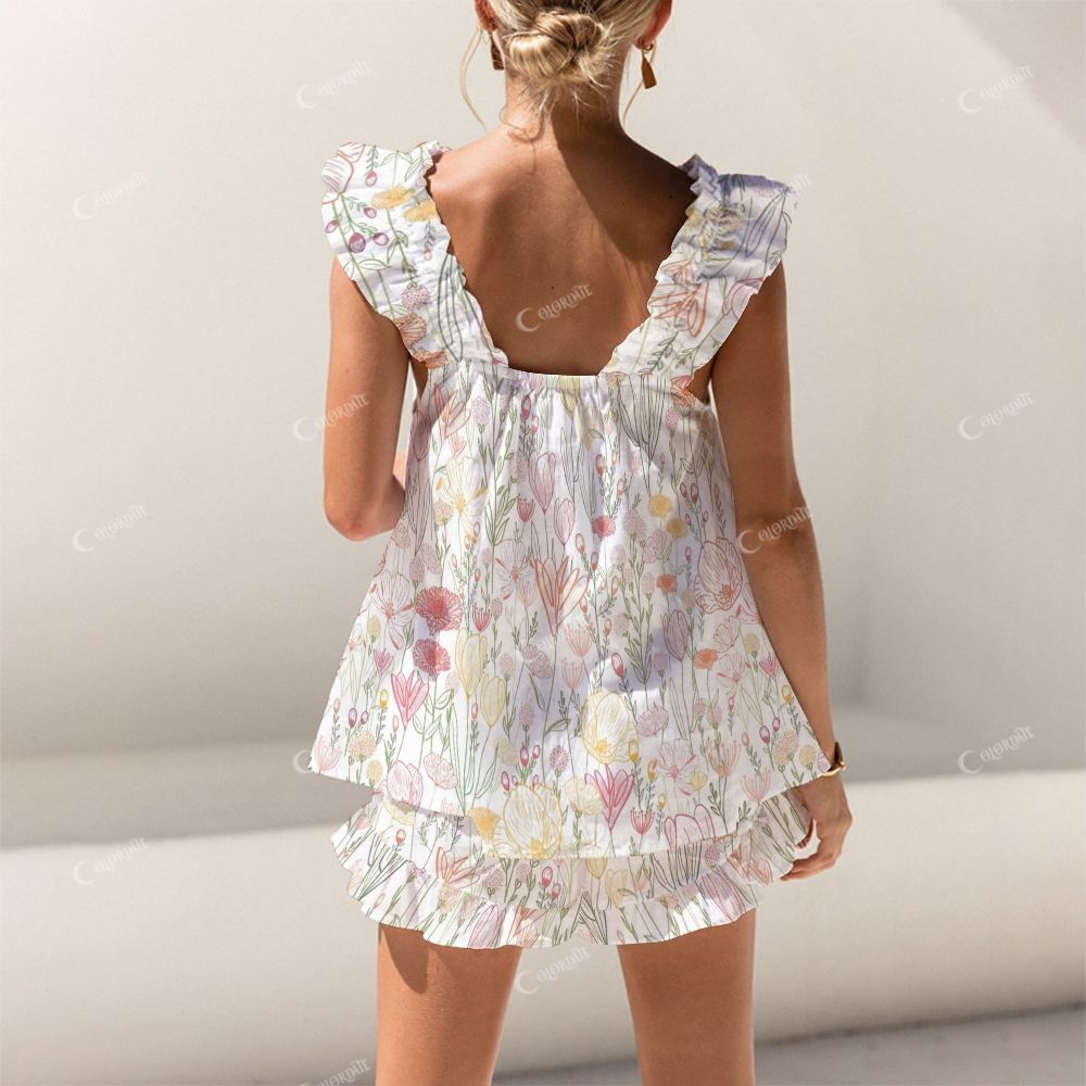 Colordate Colorful Floral Print Short Tank Top Shorts Pajama Set
