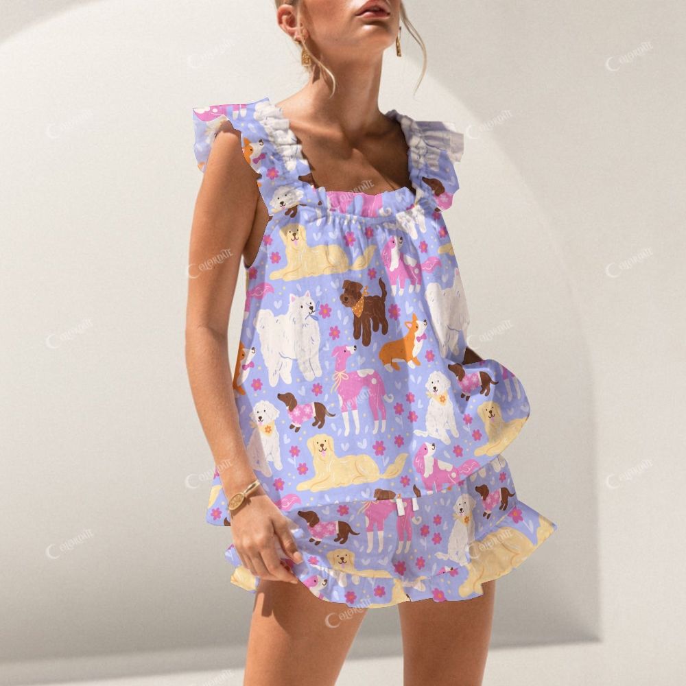 Colordate Cute Dog Print Short Tank Top Shorts Pajama Set