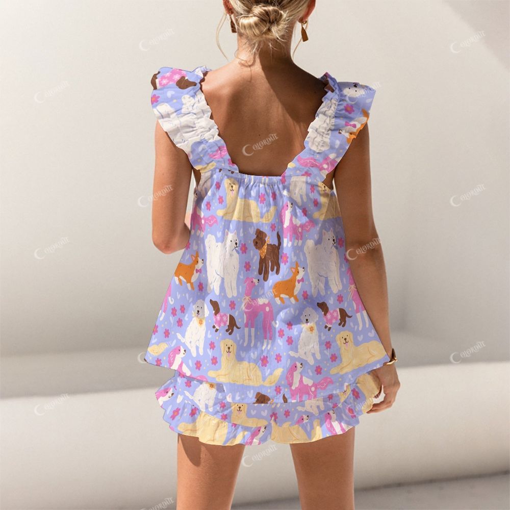 Colordate Cute Dog Print Short Tank Top Shorts Pajama Set