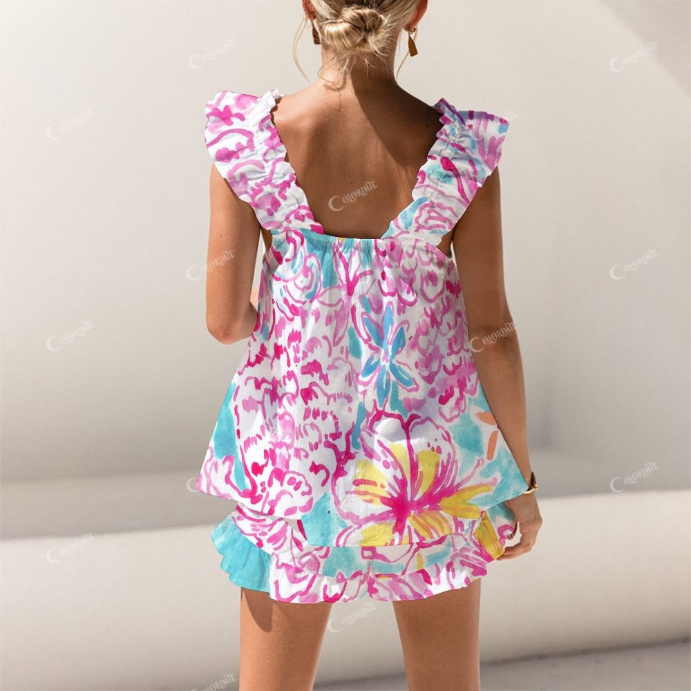 Colordate Hawaiian Flower Print Short Tank Top Shorts Pajama Set