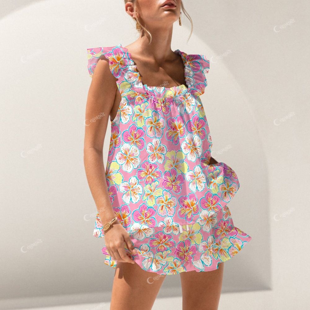 Colordate Flower Print Short Tank Top Shorts Pajama Set