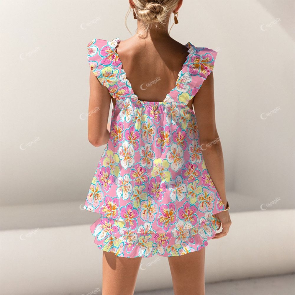 Colordate Flower Print Short Tank Top Shorts Pajama Set