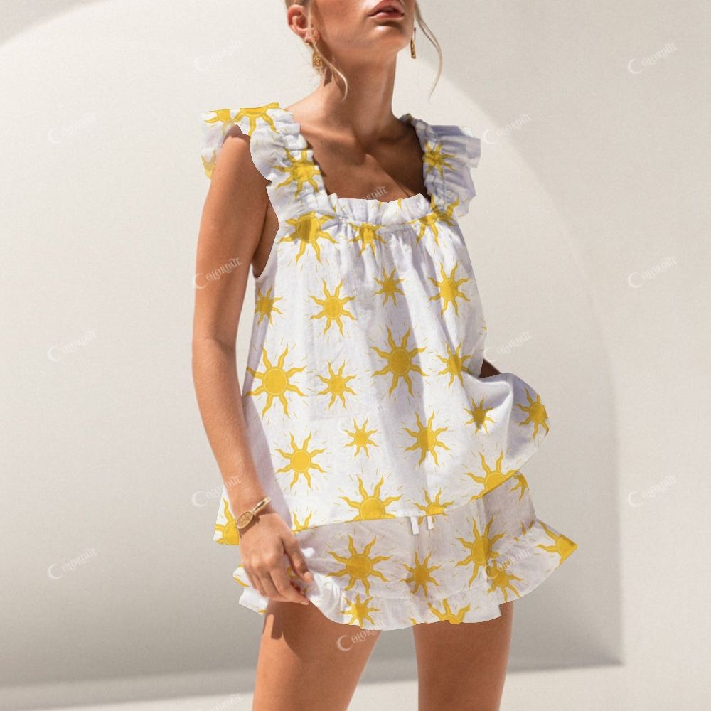 Colordate Sun Print Short Tank Top Shorts Pajama Set