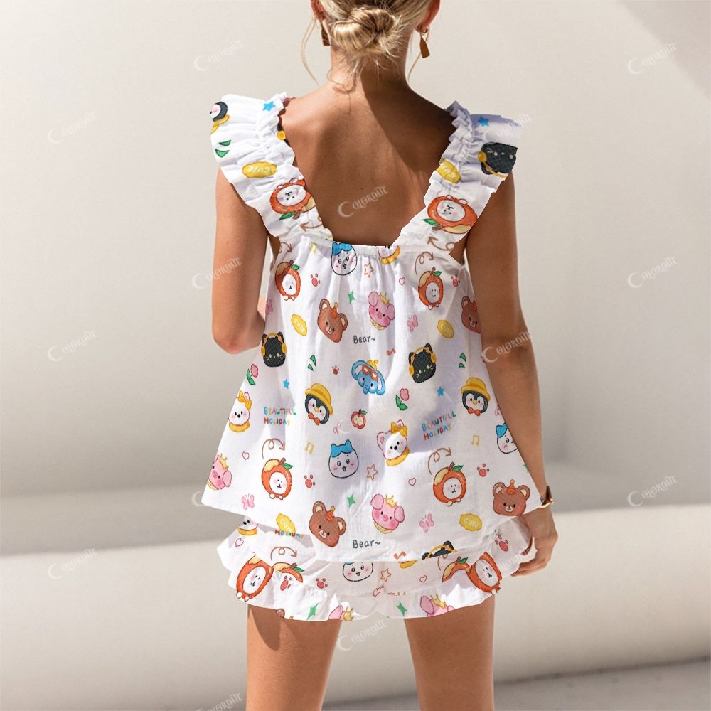 Colordate Cute Little Animal Prints Short Tank Top Shorts Pajama Set