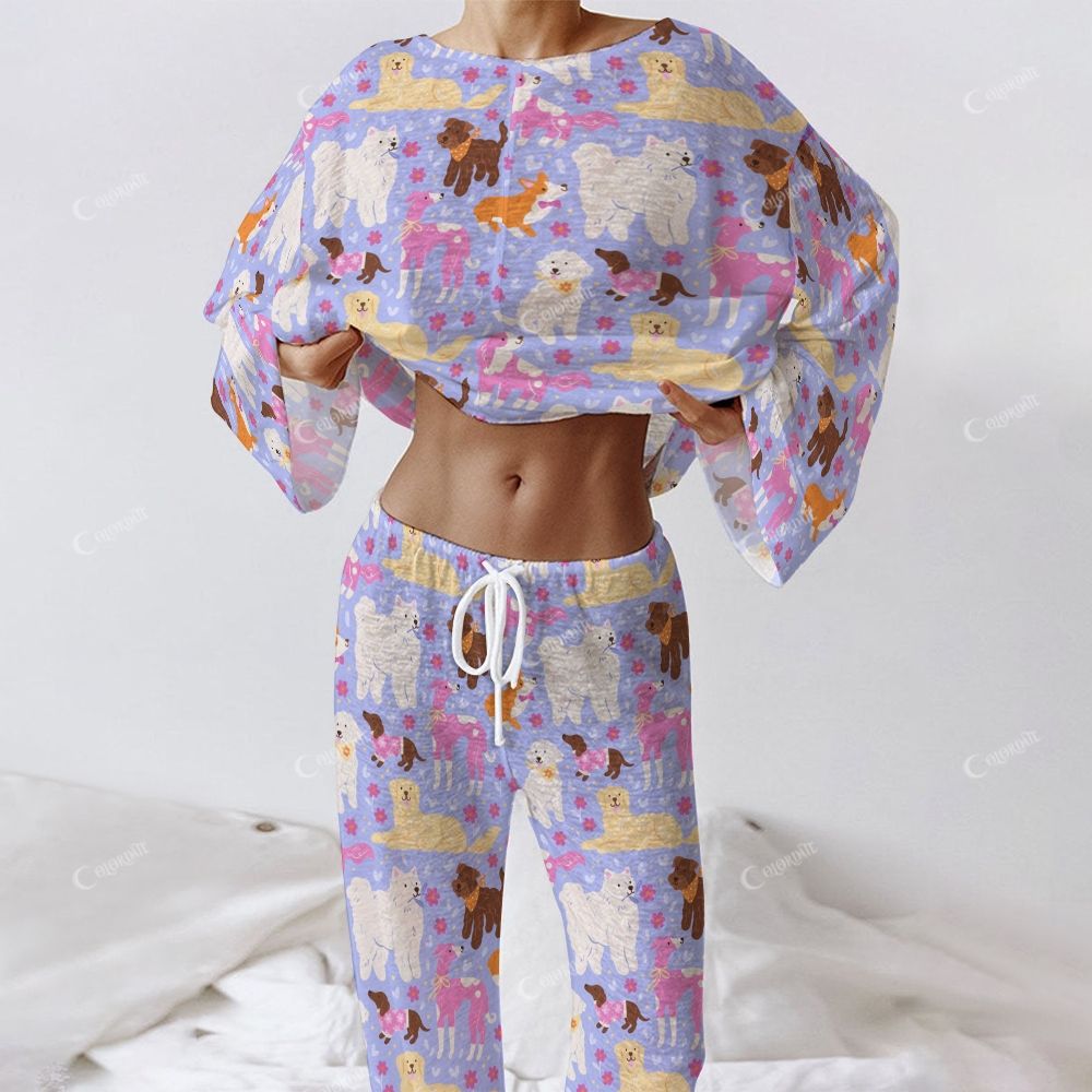 Colordate Women's Dog Print Long Sleeve Cotton Homewear Set