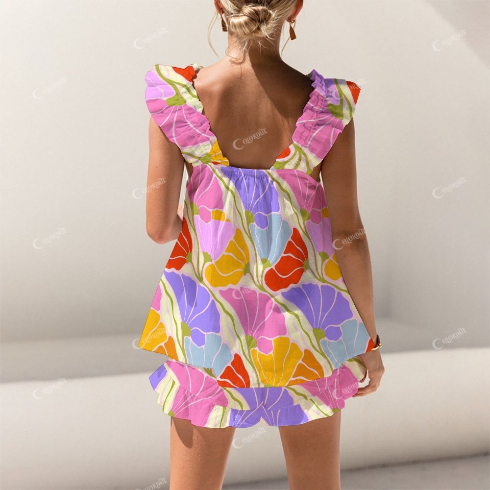 Colordate Colorful Floral Print Short Tank Top Shorts Pajama Set
