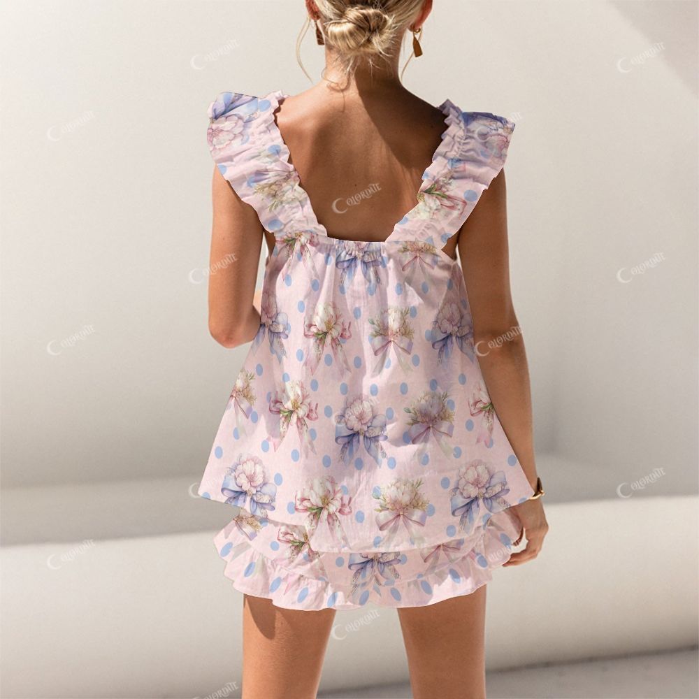 Colordate Bows And Floral Prints Short Tank Top Shorts Pajama Set