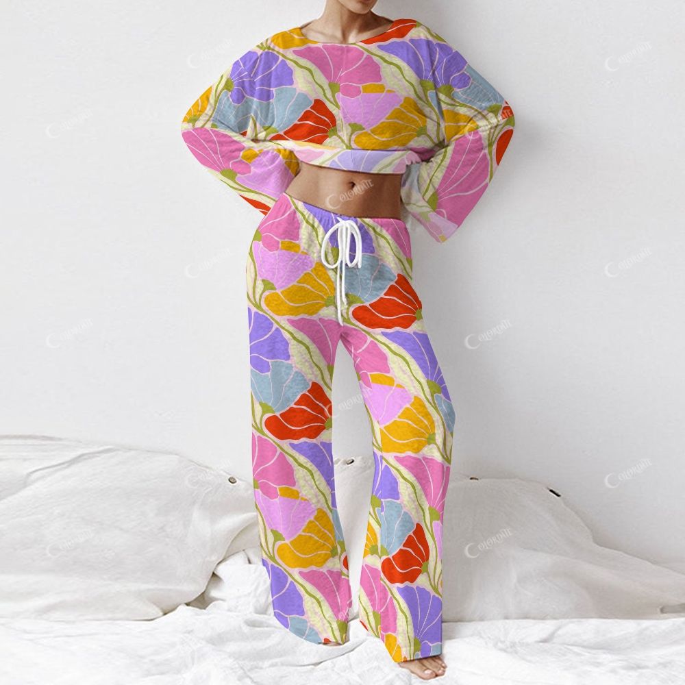 Colordate Women's Colorful Floral Print Long Sleeve Cotton Homewear Set