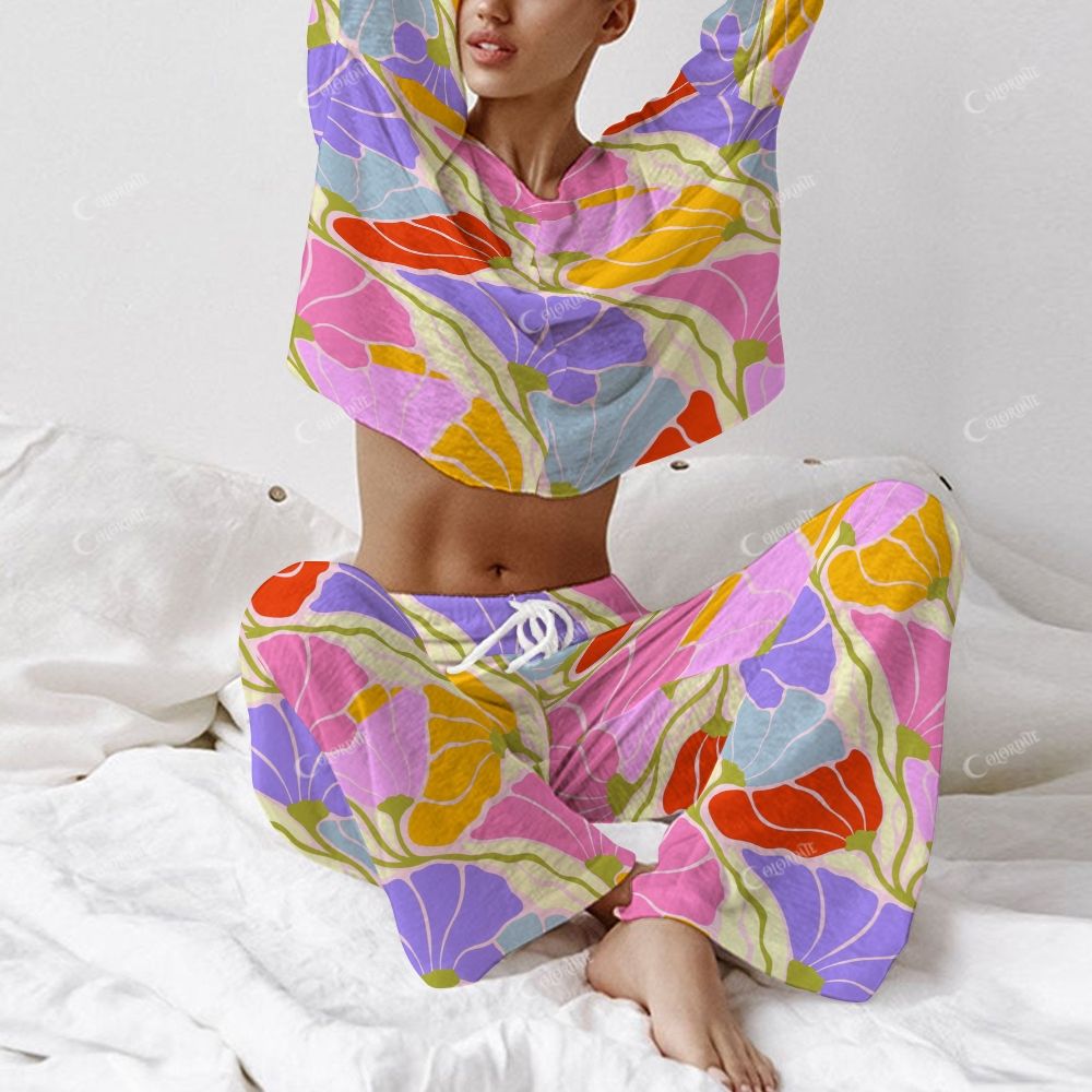 Colordate Women's Colorful Floral Print Long Sleeve Cotton Homewear Set