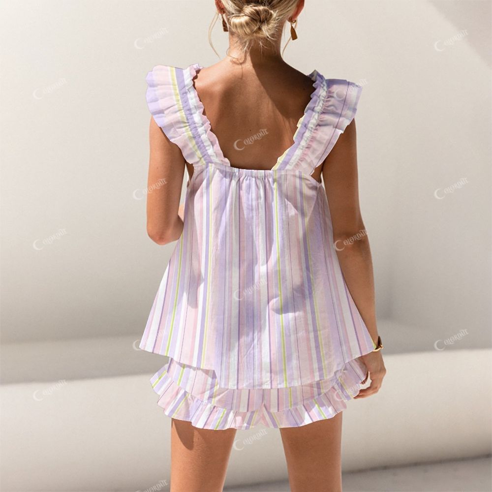 Colordate Striped Print Short Tank Top Shorts Pajama Set