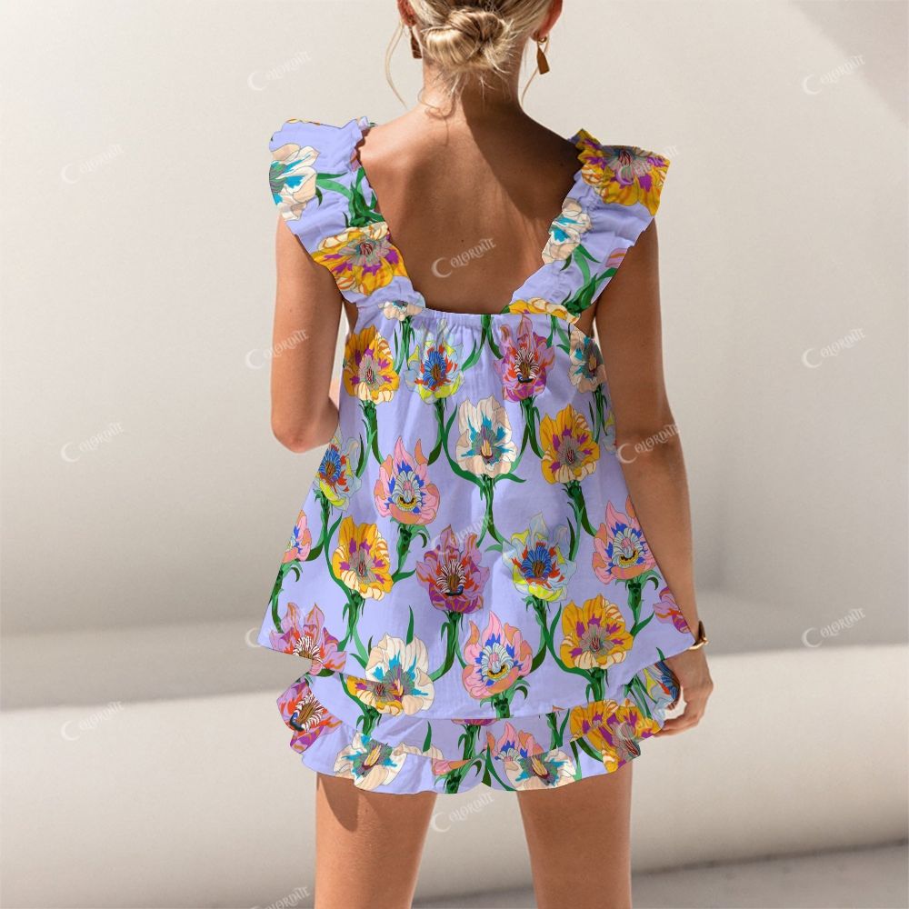 Colordate Colorful Floral Print Short Tank Top Shorts Pajama Set