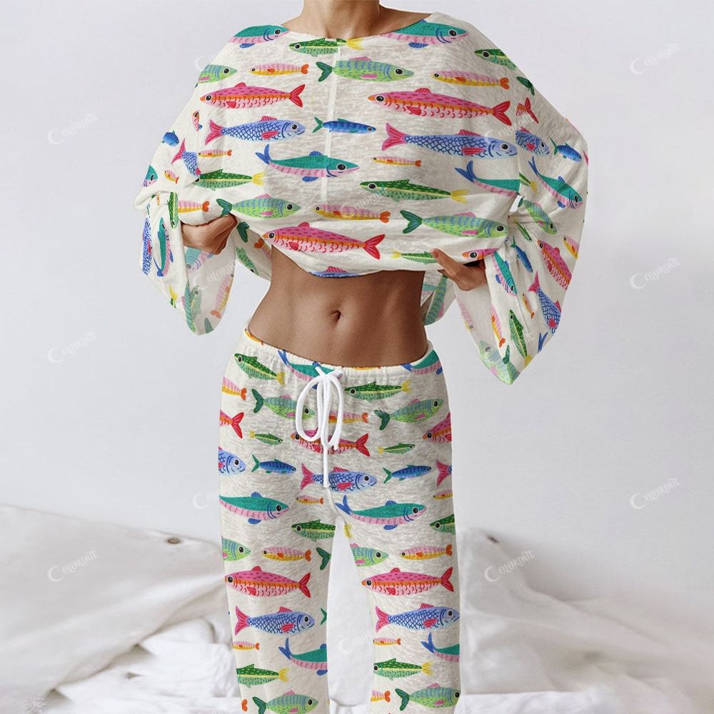Colordate Women's Colorful Fish Print Long Sleeve Cotton Homewear Set