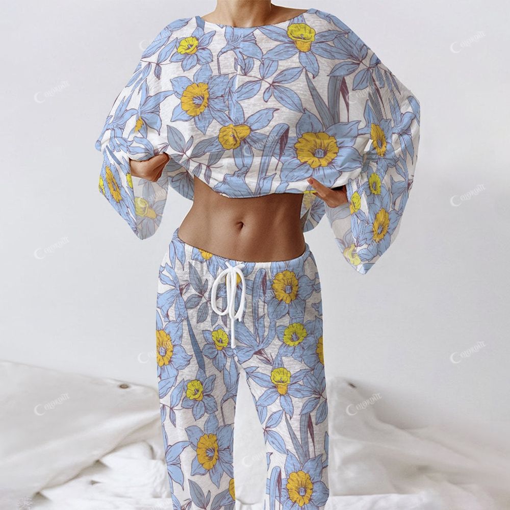 Colordate Women's Blue Flower Print Long Sleeve Cotton Homewear Set