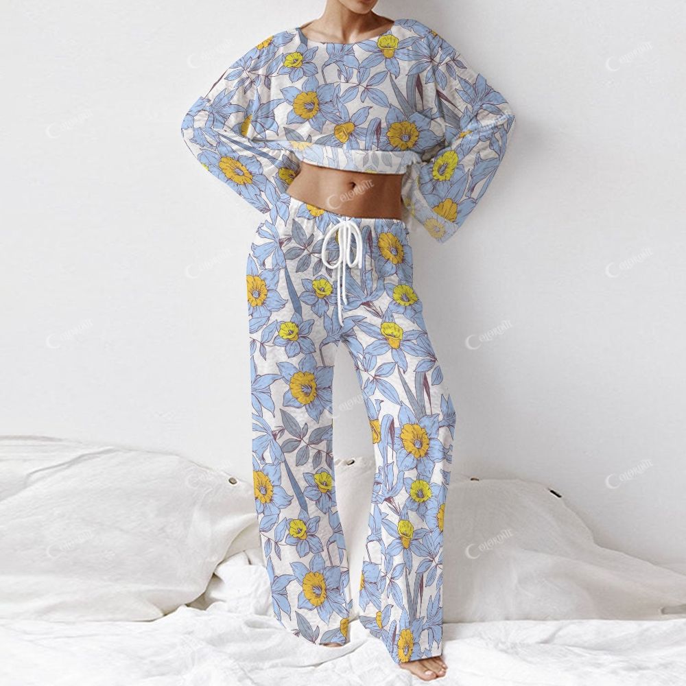 Colordate Women's Blue Flower Print Long Sleeve Cotton Homewear Set