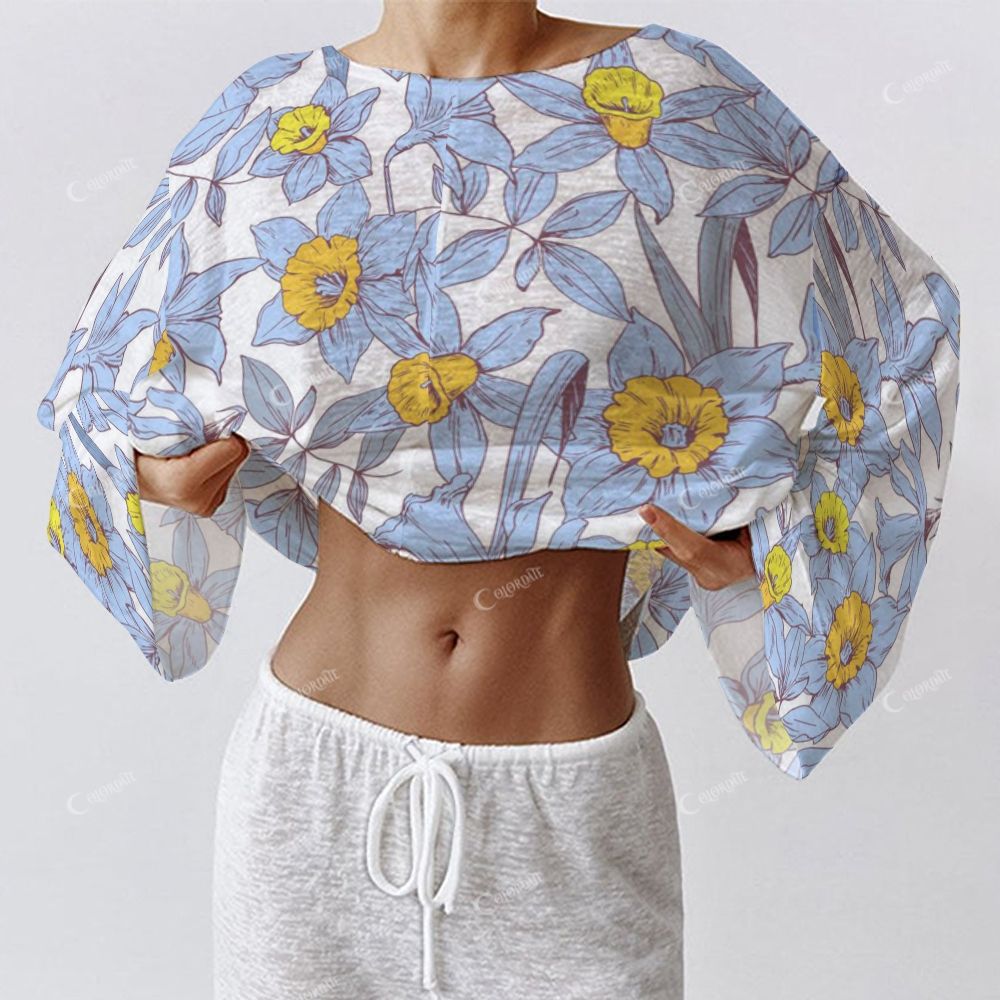 Colordate Women's Blue Flower Print Long Sleeve Cotton Homewear Set