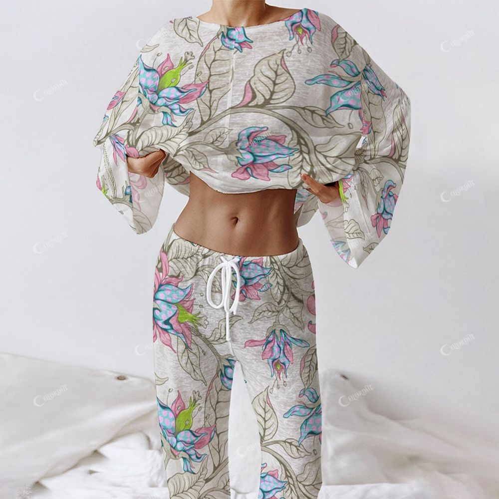 Colordate Women's Blue And Pink Flower Print Long Sleeve Cotton Homewear Set