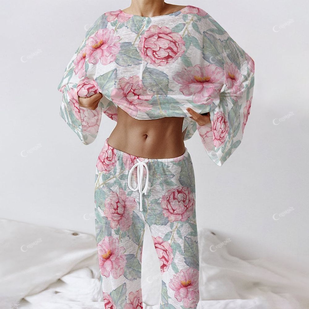 Colordate Women's Pink Peony Print Long Sleeve Cotton Homewear Set