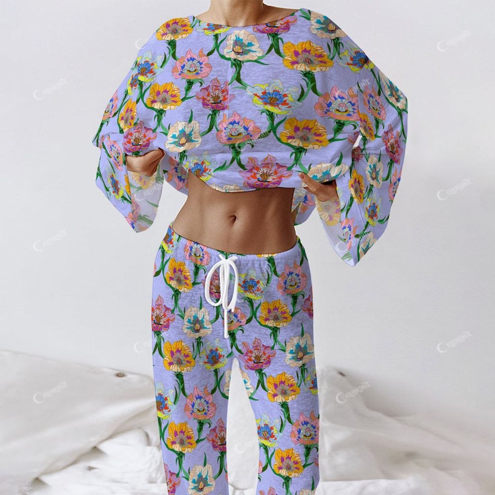 Colordate Women's Colorful Floral Print Long Sleeve Cotton Homewear Set