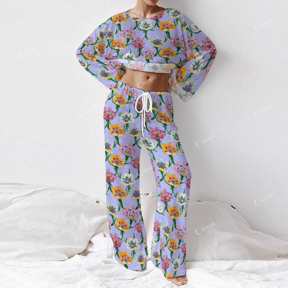 Colordate Women's Colorful Floral Print Long Sleeve Cotton Homewear Set