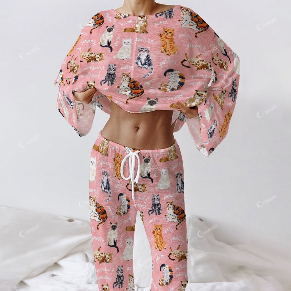 Colordate Women's Cute Cat Print Long Sleeve Cotton Homewear Set