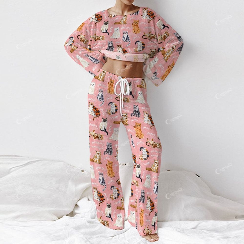 Colordate Women's Cute Cat Print Long Sleeve Cotton Homewear Set