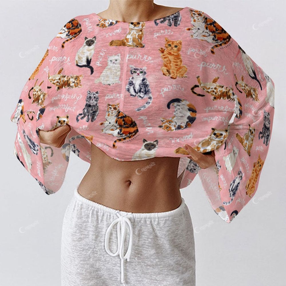 Colordate Women's Cute Cat Print Long Sleeve Cotton Homewear Set