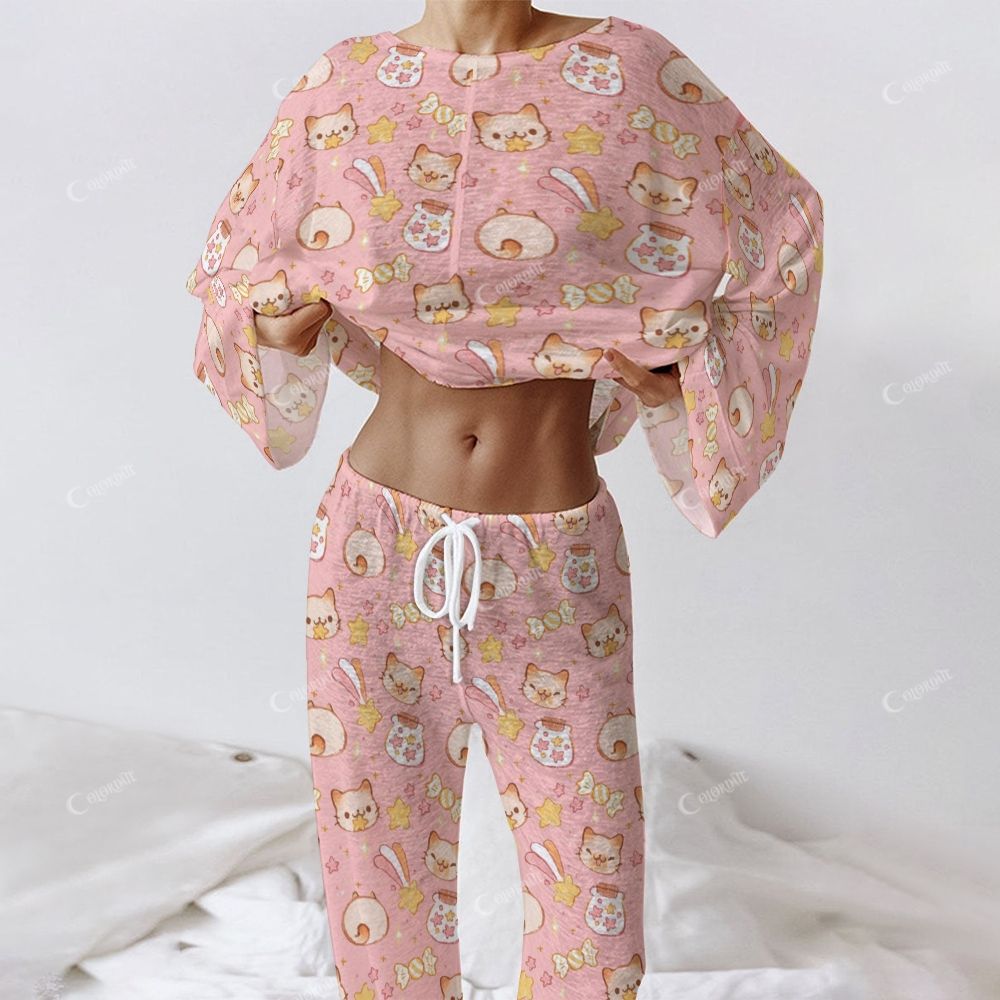 Colordate Women's Cute Little Cats And Candy Prints Long Sleeve Cotton Homewear Set