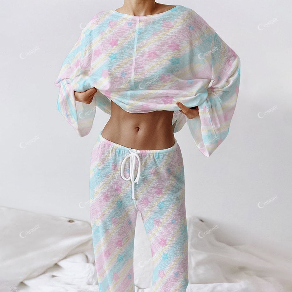 Colordate Women's Pink And Blue Stars And Striped Prints Long Sleeve Cotton Homewear Set