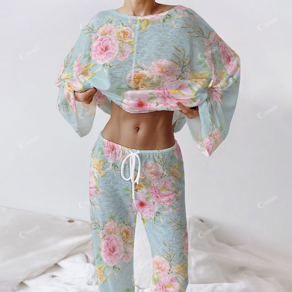 Colordate Women's Flower Print Long Sleeve Cotton Homewear Set