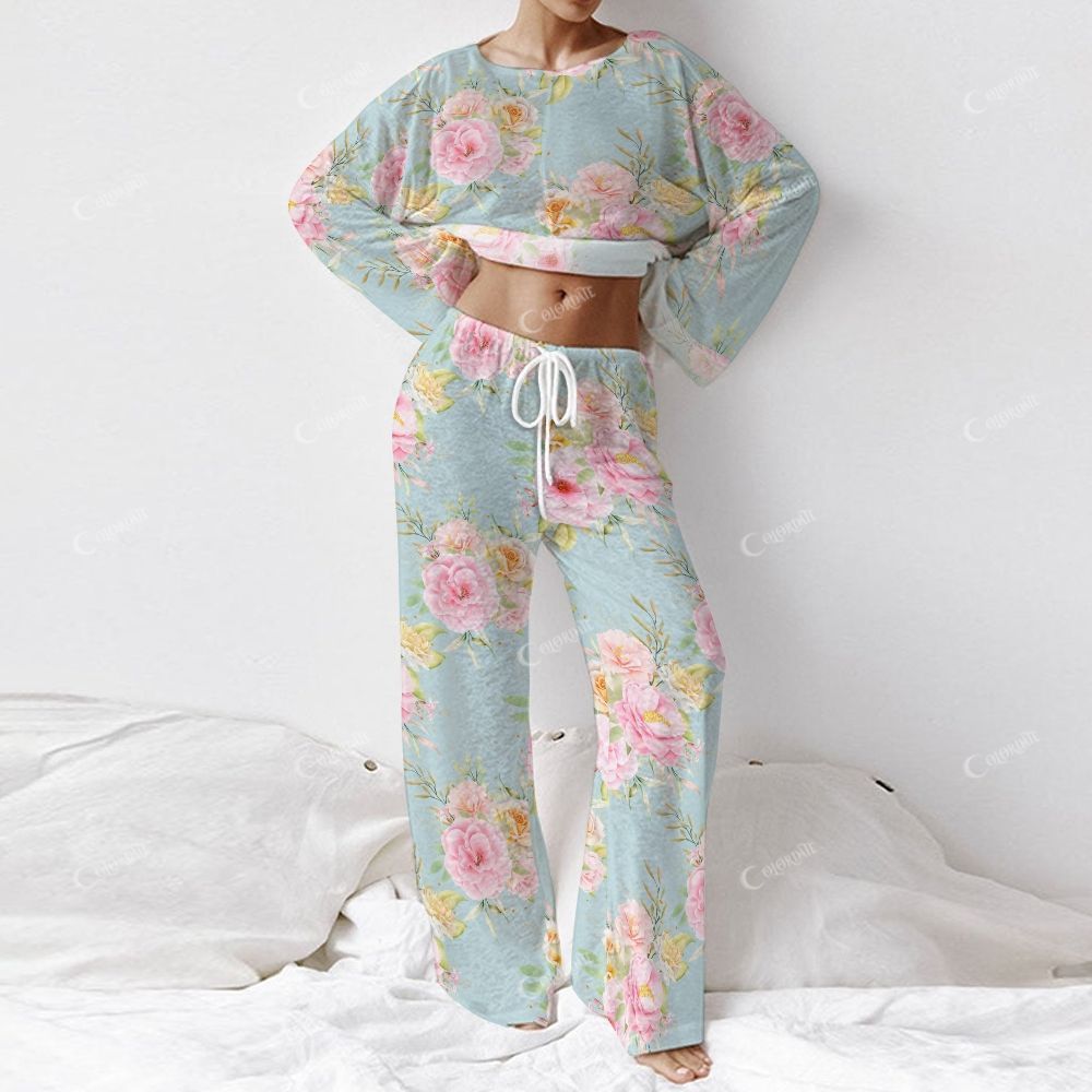 Colordate Women's Flower Print Long Sleeve Cotton Homewear Set