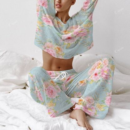 Colordate Women's Flower Print Long Sleeve Cotton Homewear Set