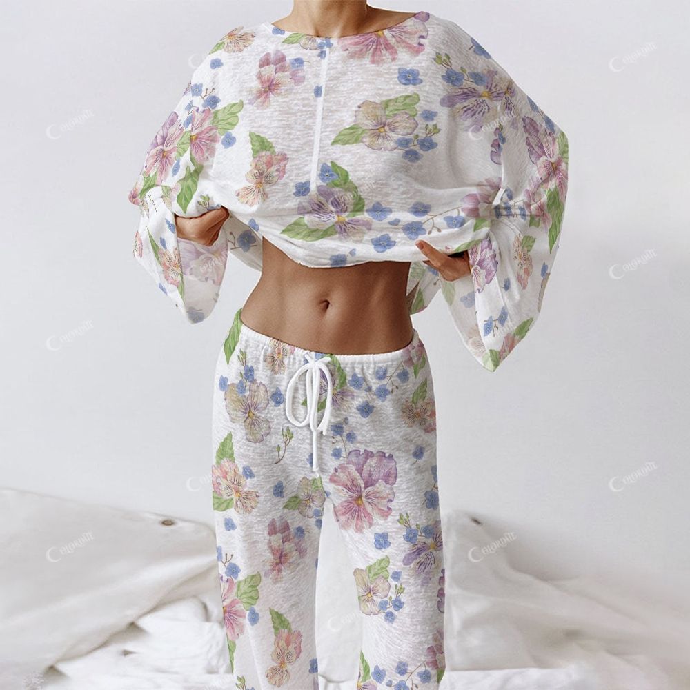 Colordate Women's Flower Print Long Sleeve Cotton Homewear Set