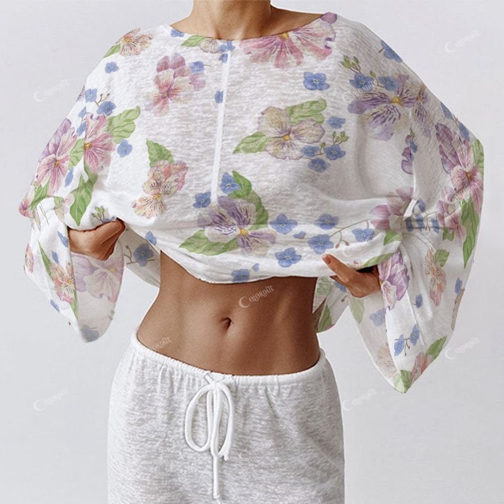 Colordate Women's Flower Print Long Sleeve Cotton Homewear Set