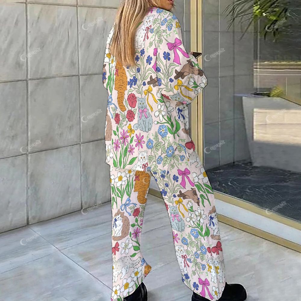 Colordate Cat And Flower Print Loungewear Set For Women