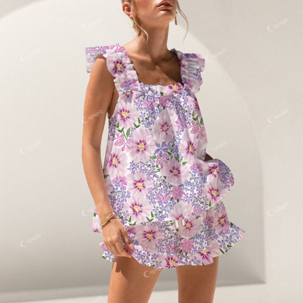 Colordate Purple Floral Print Short Tank Top Shorts Pajama Set