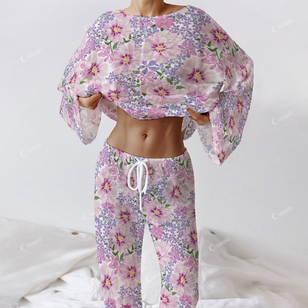 Colordate Women's Purple Floral Print Long Sleeve Cotton Homewear Set