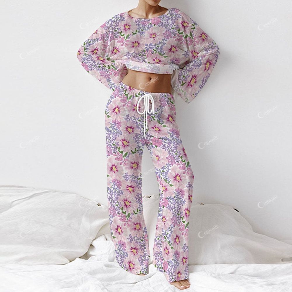 Colordate Women's Purple Floral Print Long Sleeve Cotton Homewear Set